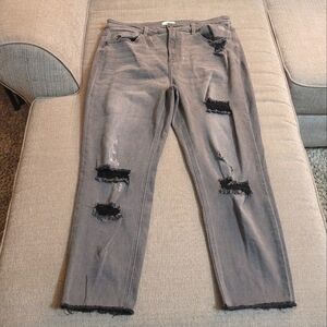 Ceros Gray Denim Distressed Relaxed Straight Leg Raw Ankle Hem Jeans Size 16